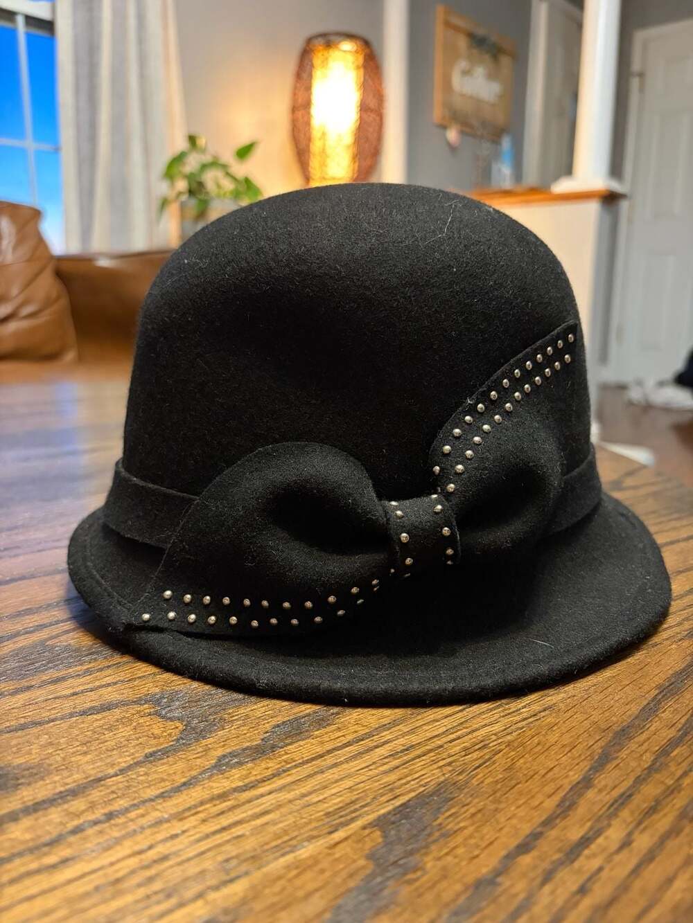 Ms. Hi's Classic Black Wool Felt Cloche Hat With Rhinestone Studded Bow